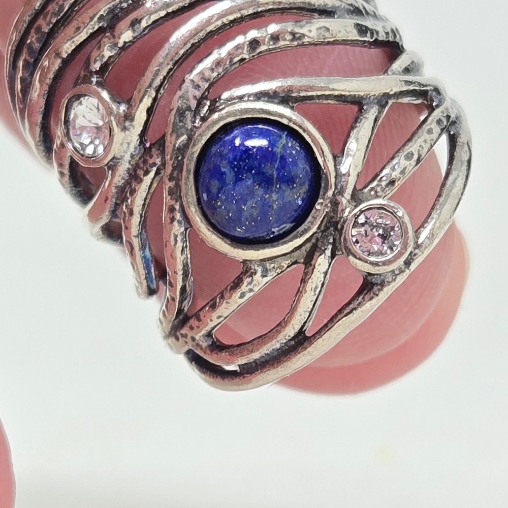 Orna Lalo Israel 925 Sterling Silver Lapis Lazuli CZ Wide Cage Band Ring Size 7 - Picture 6 of 9